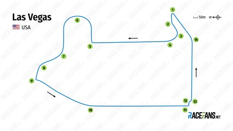 Las Vegas street circuit for 2023 F1 race - track map with corner numbers