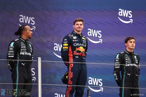 (L to R): Lewis Hamilton, Mercedes, Max Verstappen, Red Bull, George Russell, Mercedes, Circuit de Catalunya, 2023